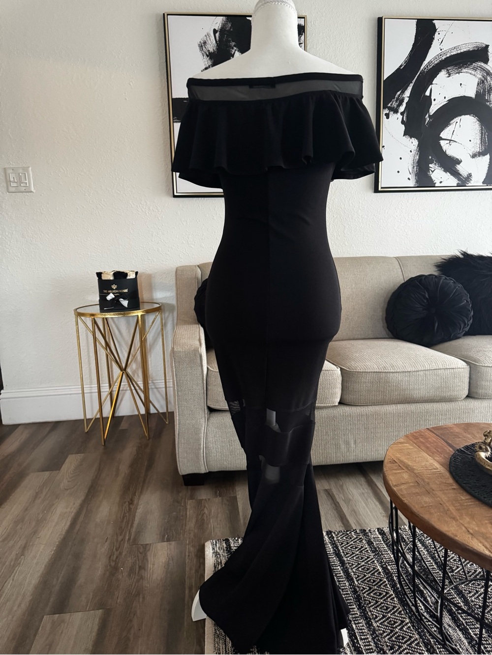 Fashion Nova Off Shoulder Floor length Dress with Mesh Panels - Picture 5 of 5